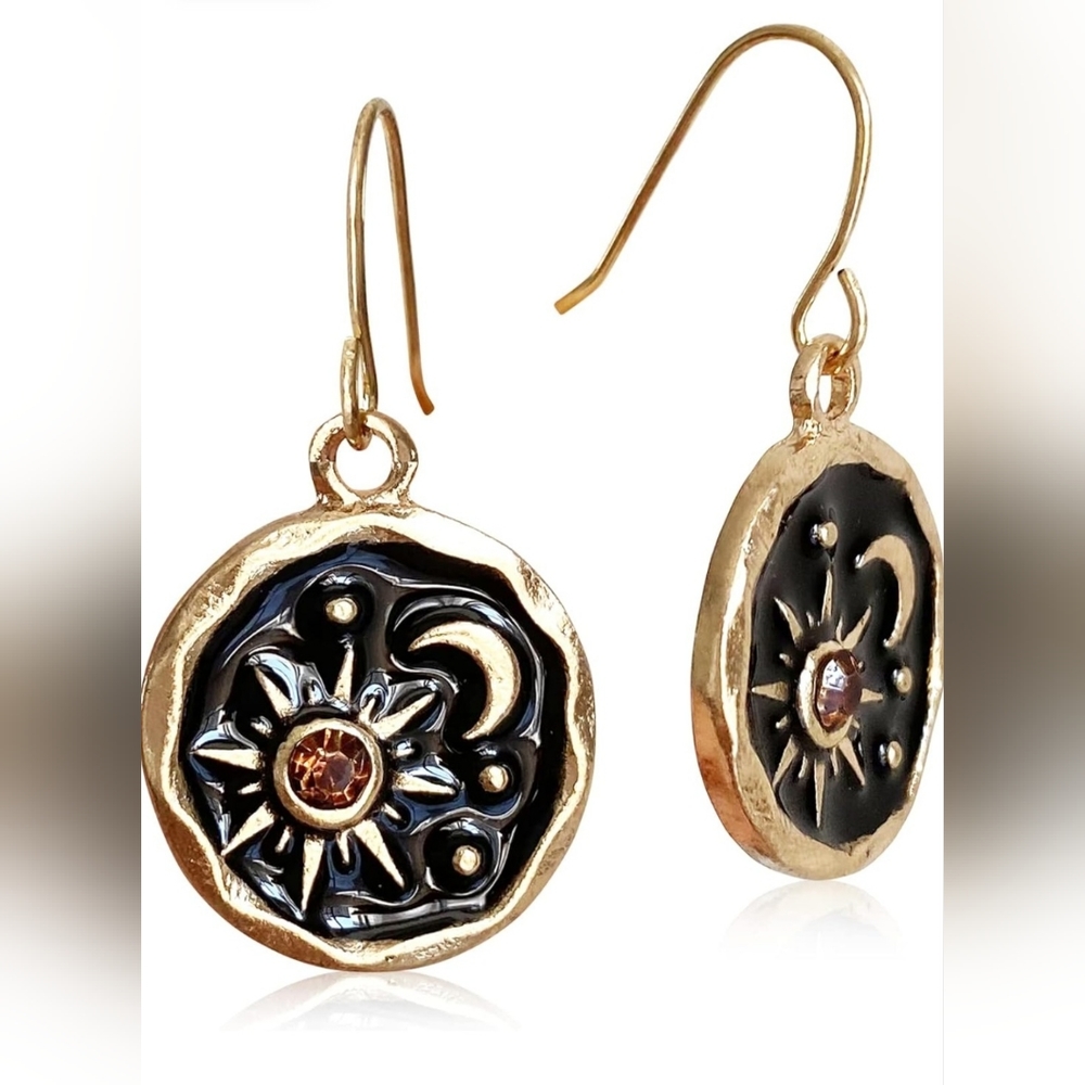New Boho Style Sun Moon Pattern Pendants Drop Earrings Gold‎ & Black NWT